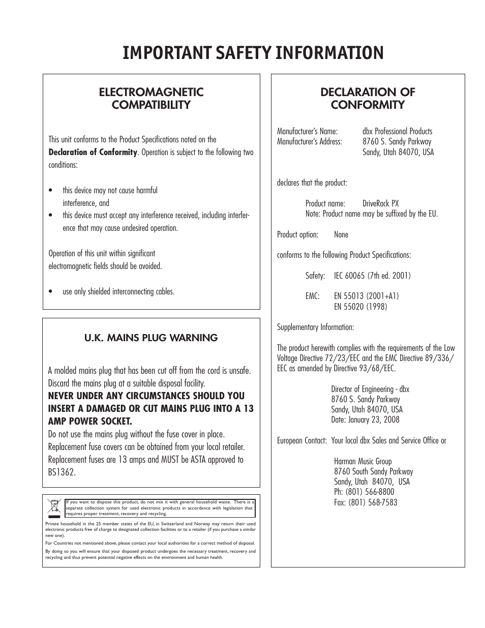 Important safety information, Declaration of conformity, Electromagnetic compatibility | dbx DriveRack PX Manual User Manual | Page 3 / 48