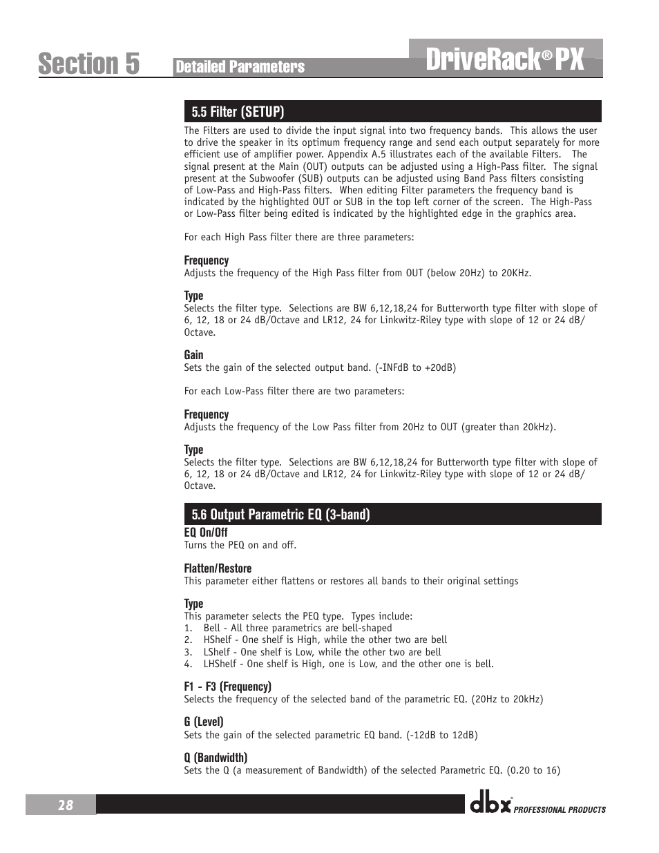 Driverack, Detailed parameters | dbx DriveRack PX Manual User Manual | Page 32 / 48