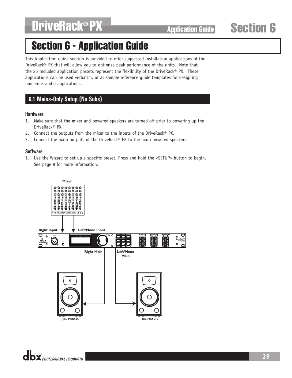 Driverack, Application guide, 1 mains-only setup (no subs) | Hardware, Software | dbx DriveRack PX Manual User Manual | Page 33 / 48