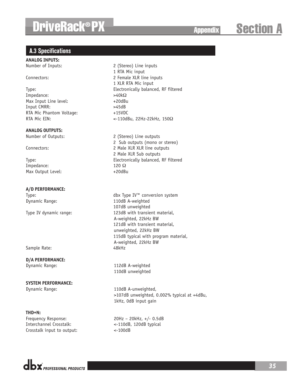 Driverack, Appendix, A.3 specifications | dbx DriveRack PX Manual User Manual | Page 39 / 48