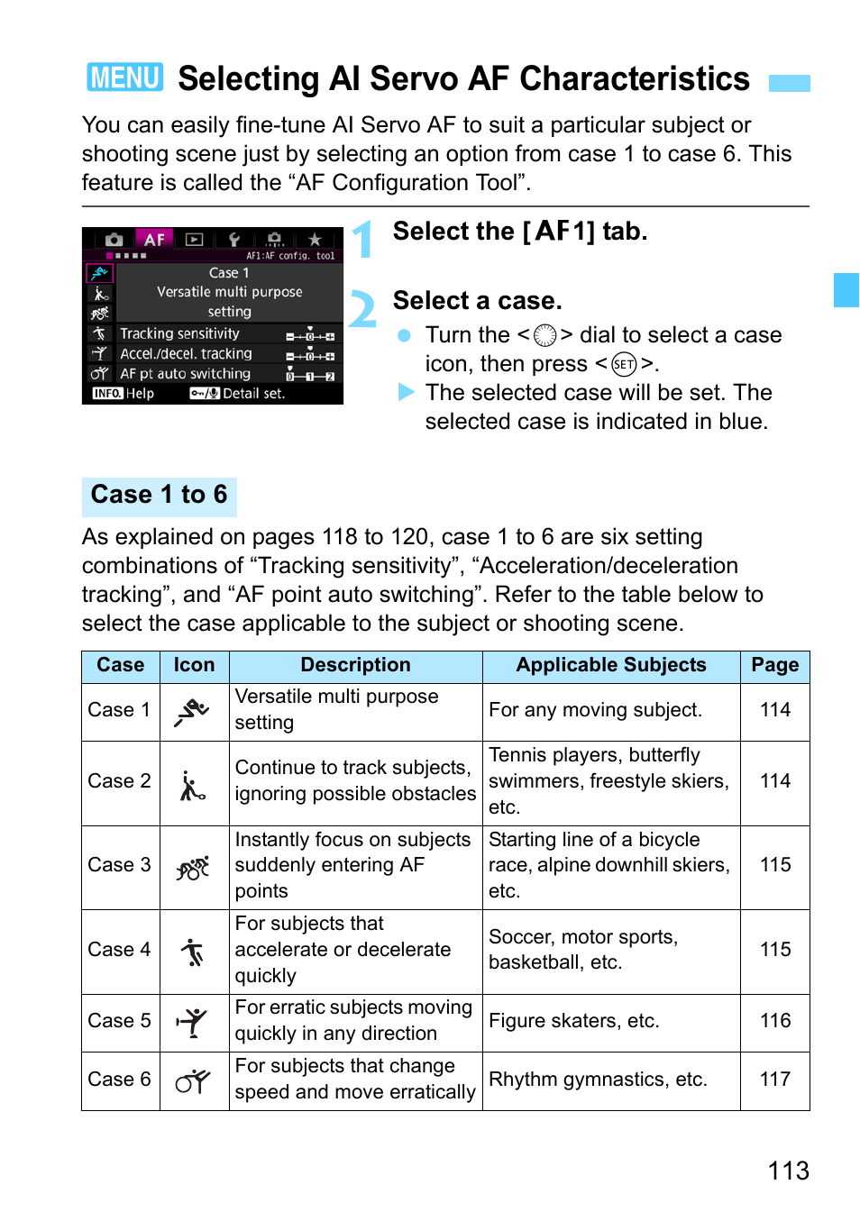 Selecting ai servo af characteristics, P.113, 3selecting ai servo af characteristics | Select the [ 2 1] tab, Select a case, Case 1 to 6 | Canon EOS-1D X Mark II DSLR Camera (Body Only) User Manual | Page 113 / 564