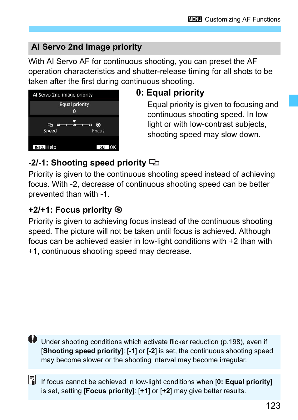 Equal priority, 2/-1: shooting speed priority, 2/+1: focus priority | Ai servo 2nd image priority | Canon EOS-1D X Mark II DSLR Camera (Body Only) User Manual | Page 123 / 564