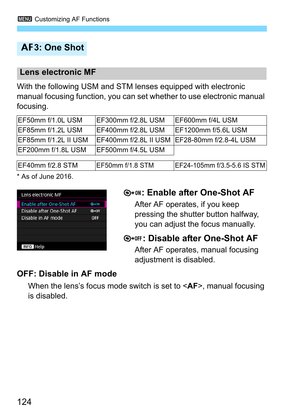 Enable after one-shot af, Disable after one-shot af, One shot | Canon EOS-1D X Mark II DSLR Camera (Body Only) User Manual | Page 124 / 564