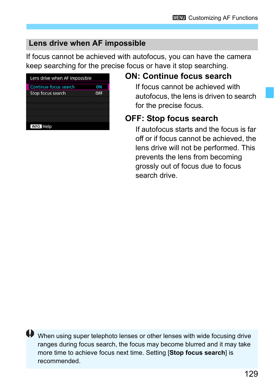 On: continue focus search, Off: stop focus search | Canon EOS-1D X Mark II DSLR Camera (Body Only) User Manual | Page 129 / 564