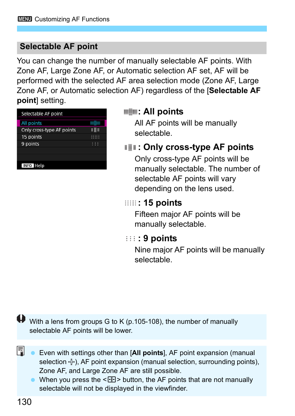 All points, Only cross-type af points, 15 points | 9 points | Canon EOS-1D X Mark II DSLR Camera (Body Only) User Manual | Page 130 / 564