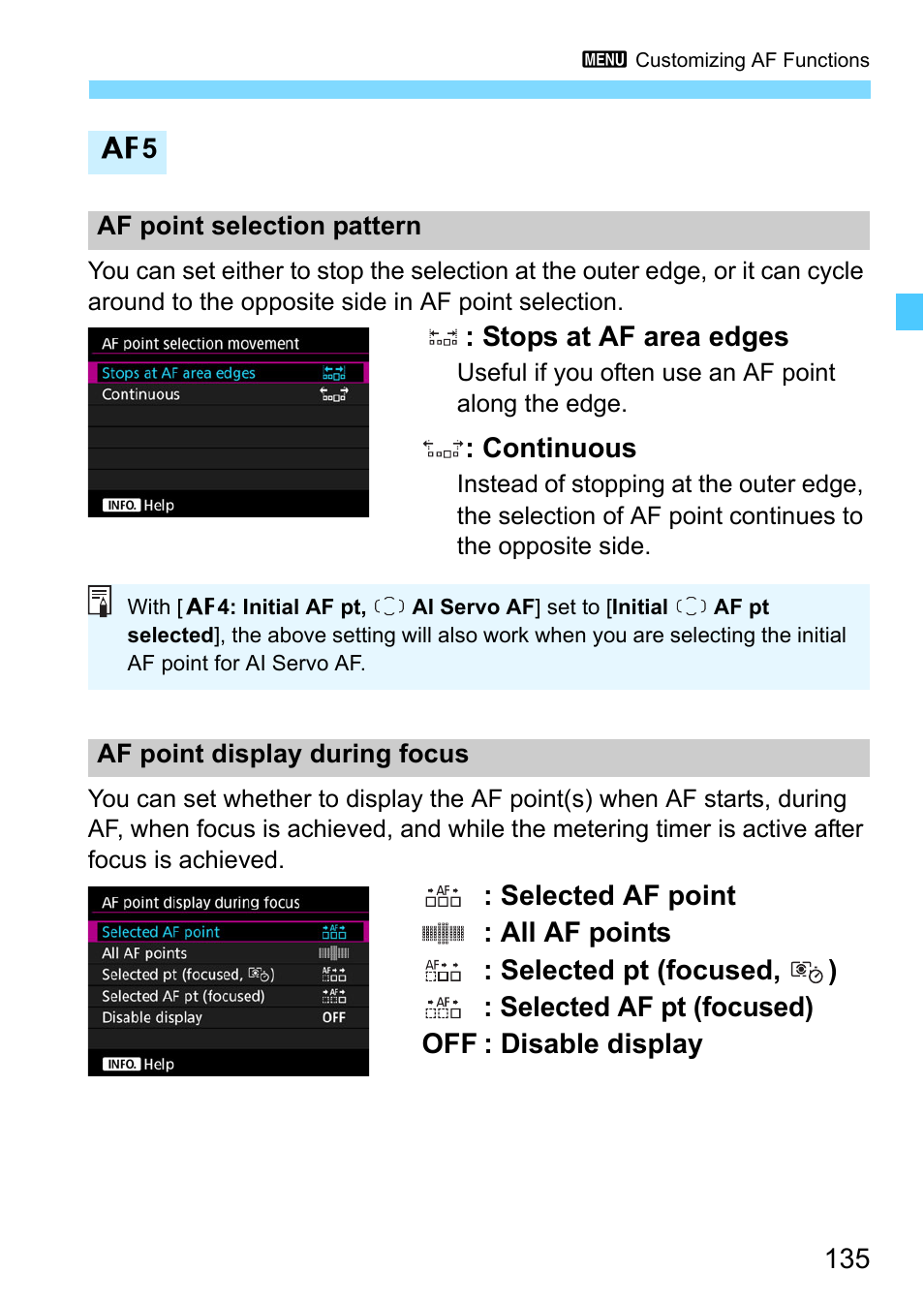 Stops at af area edges, Continuous | Canon EOS-1D X Mark II DSLR Camera (Body Only) User Manual | Page 135 / 564