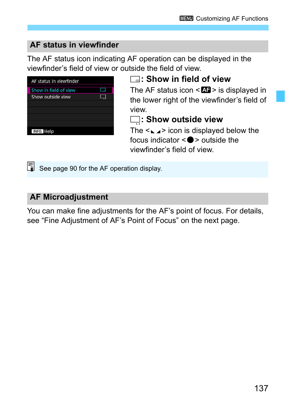 Show in field of view, Show outside view | Canon EOS-1D X Mark II DSLR Camera (Body Only) User Manual | Page 137 / 564