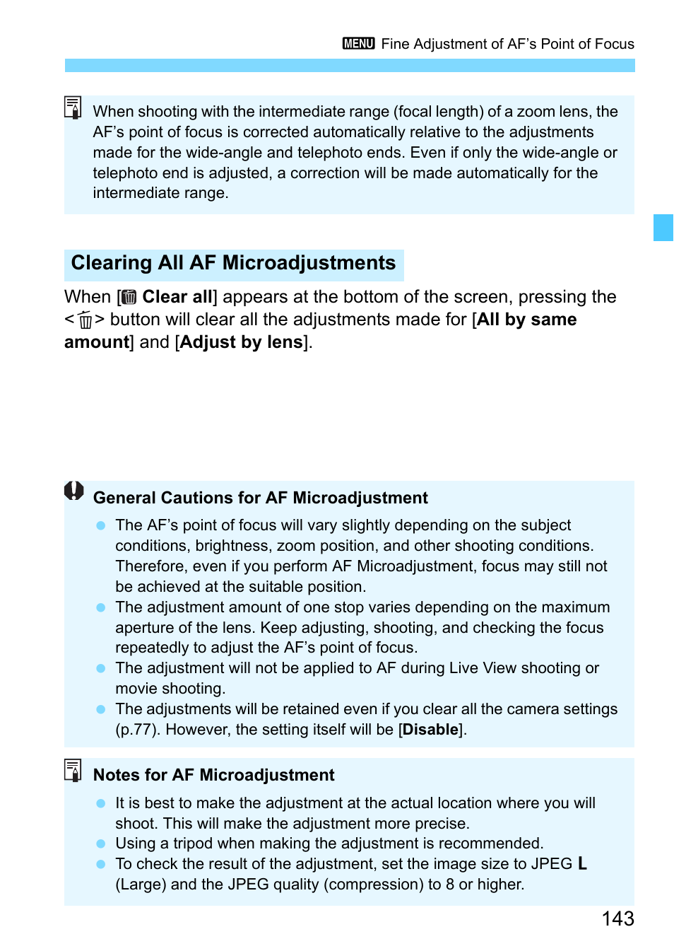 Clearing all af microadjustments | Canon EOS-1D X Mark II DSLR Camera (Body Only) User Manual | Page 143 / 564