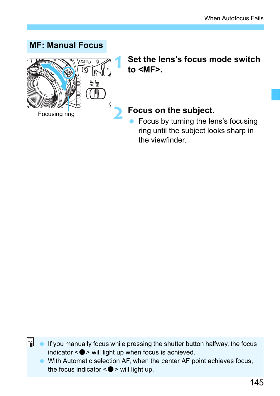 Mf: manual focus | Canon EOS-1D X Mark II DSLR Camera (Body Only) User Manual | Page 145 / 564