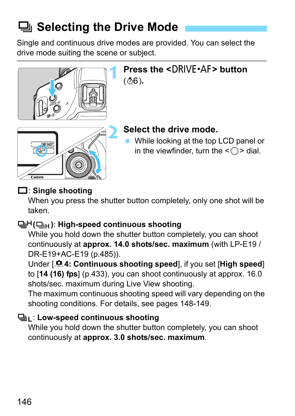 Selecting the drive mode, P.146, Iselecting the drive mode | Canon EOS-1D X Mark II DSLR Camera (Body Only) User Manual | Page 146 / 564