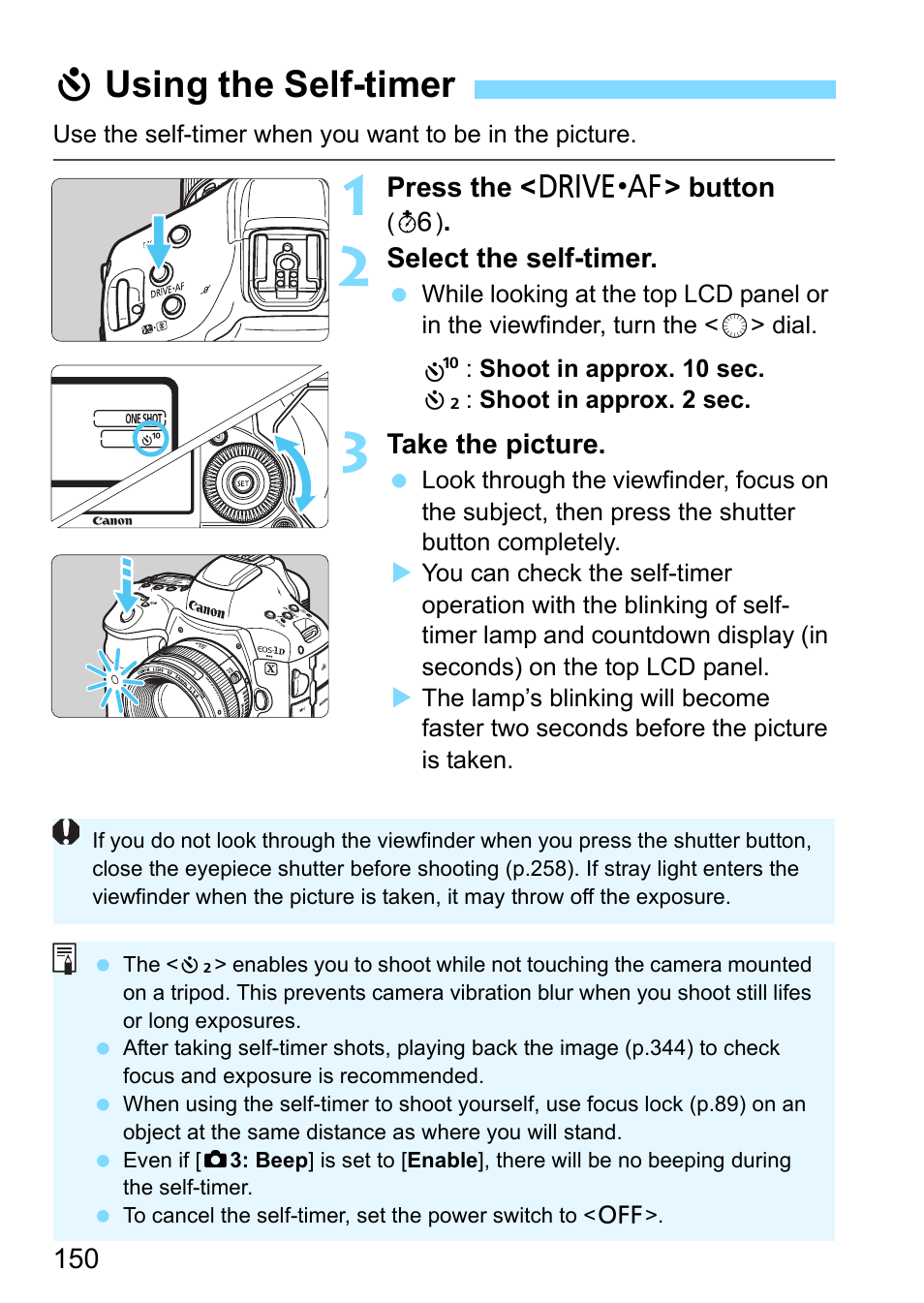 Using the self-timer, Jusing the self-timer | Canon EOS-1D X Mark II DSLR Camera (Body Only) User Manual | Page 150 / 564