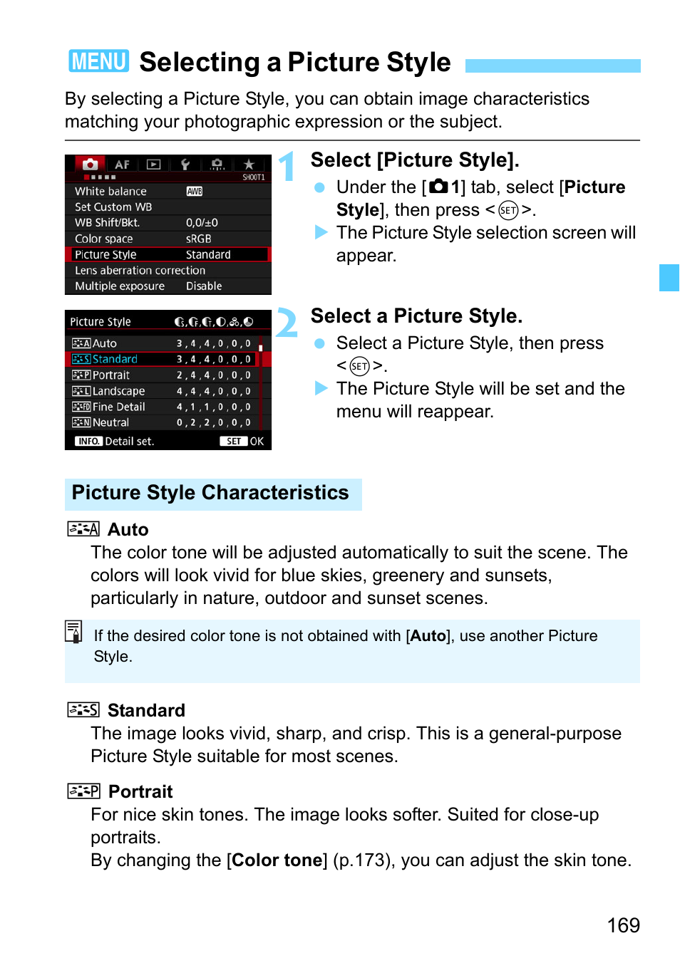 Selecting a picture style, Yle (p.169), 3selecting a picture style | Canon EOS-1D X Mark II DSLR Camera (Body Only) User Manual | Page 169 / 564