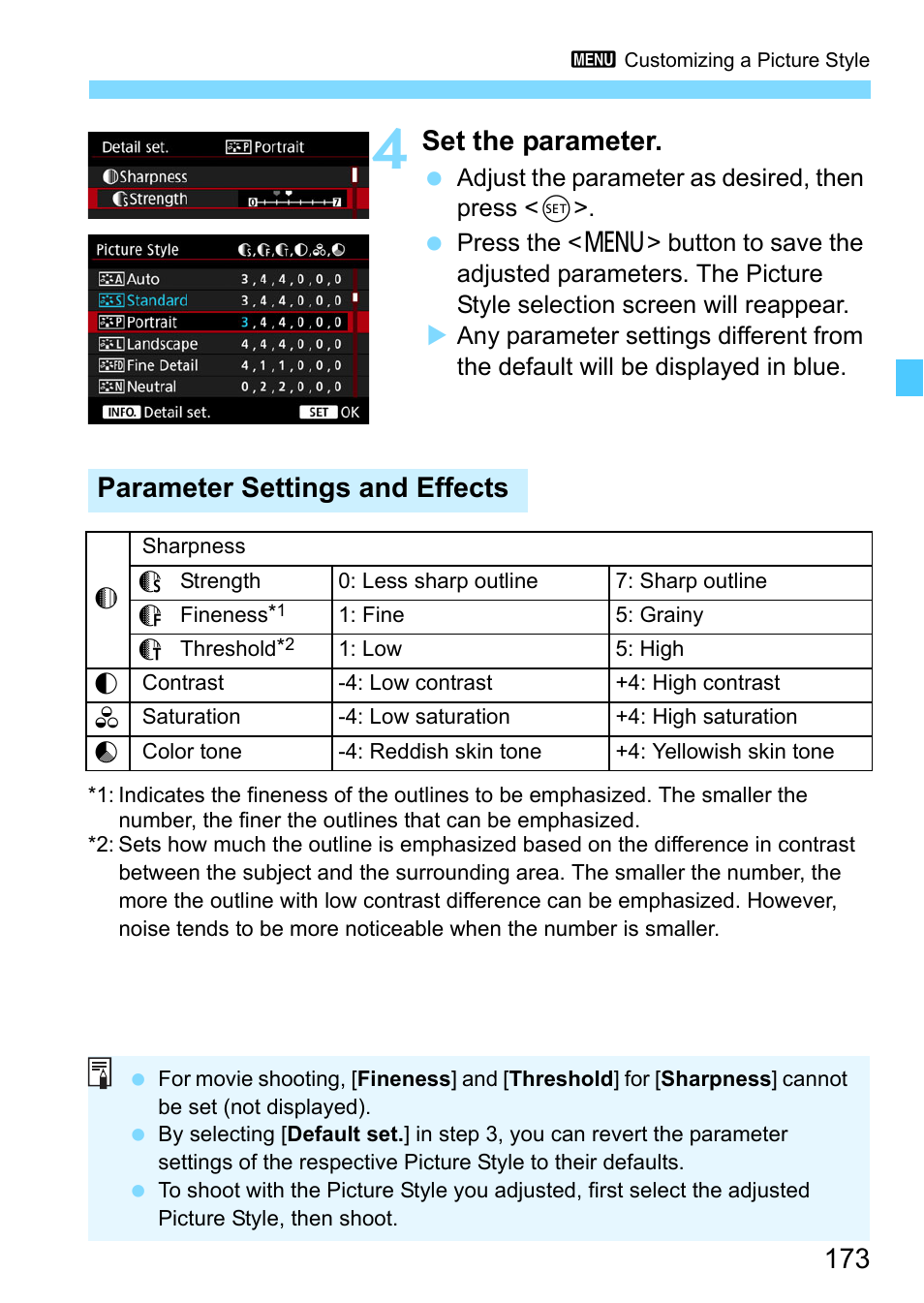 Set the parameter, Parameter settings and effects | Canon EOS-1D X Mark II DSLR Camera (Body Only) User Manual | Page 173 / 564