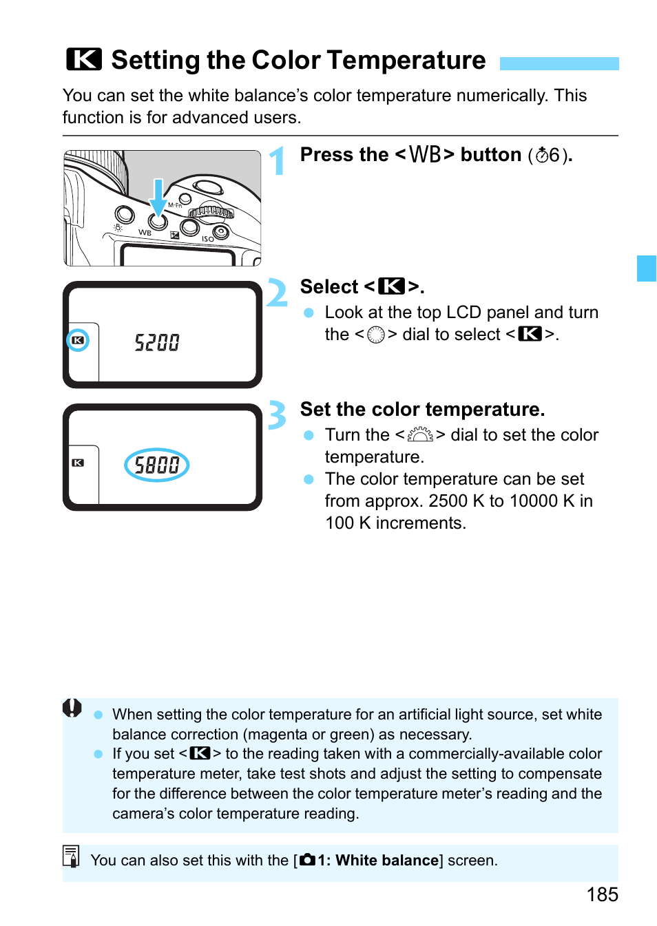 Setting the color temperature, P.185, Psetting the color temperature | Canon EOS-1D X Mark II DSLR Camera (Body Only) User Manual | Page 185 / 564