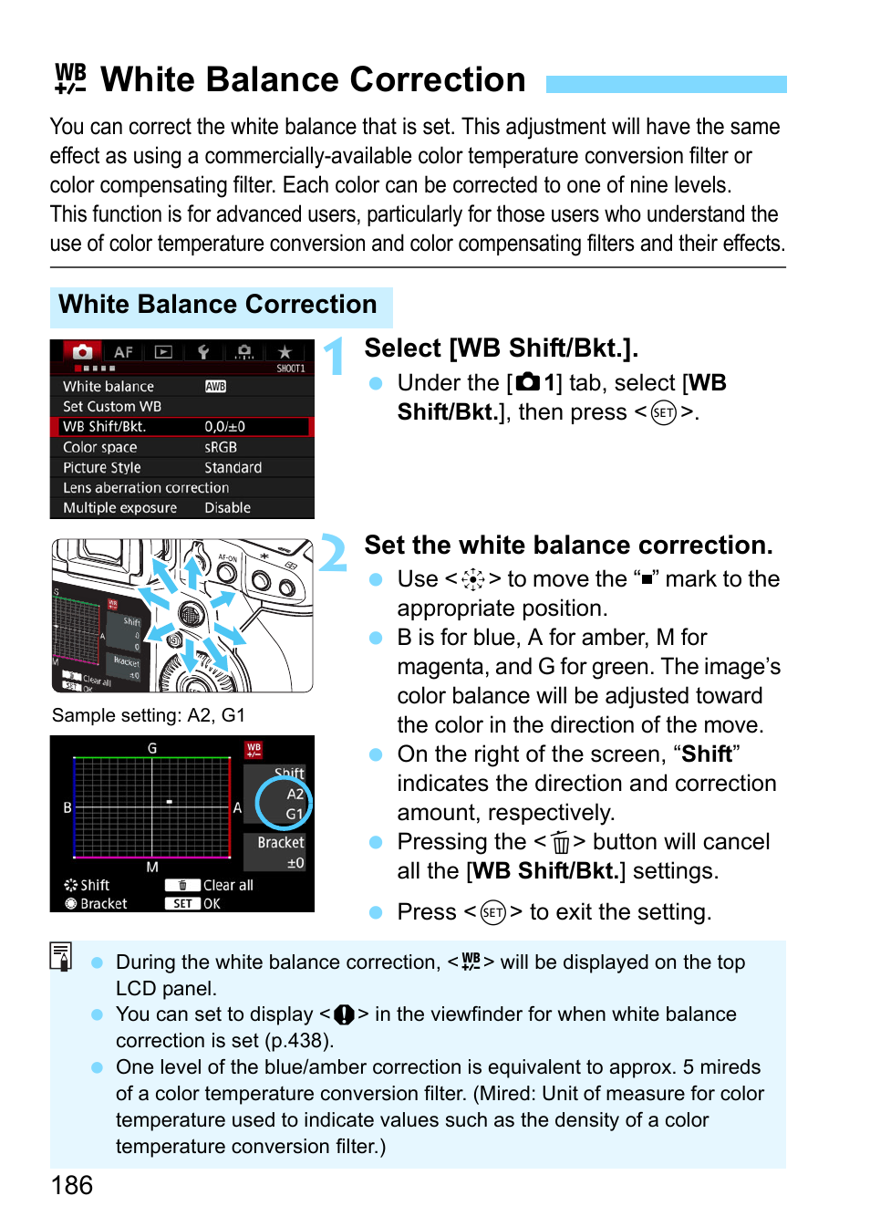 White balance correction, E correction (p.186), Uwhite balance correction | Canon EOS-1D X Mark II DSLR Camera (Body Only) User Manual | Page 186 / 564