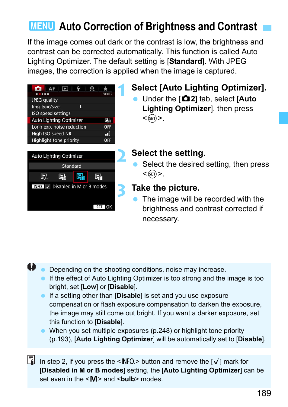 Auto correction of brightness and contrast, Ting optimizer (p.189, 3auto correction of brightness and contrast | Select [auto lighting optimizer, Select the setting, Take the picture | Canon EOS-1D X Mark II DSLR Camera (Body Only) User Manual | Page 189 / 564