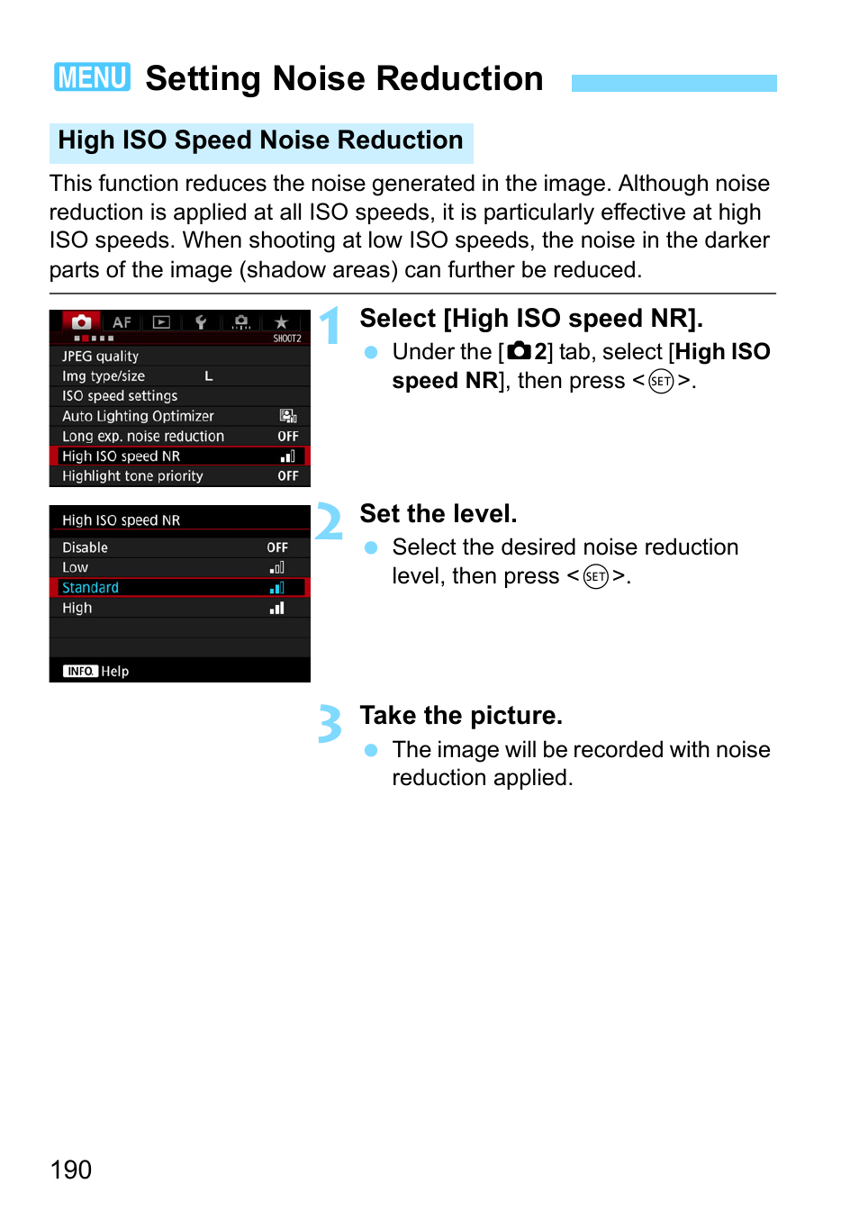 Setting noise reduction, 3setting noise reduction | Canon EOS-1D X Mark II DSLR Camera (Body Only) User Manual | Page 190 / 564