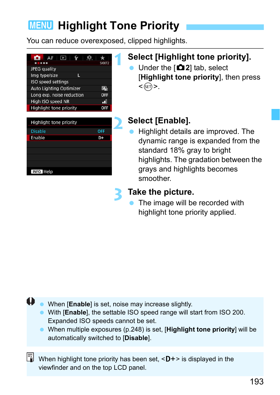 Highlight tone priority, 3highlight tone priority | Canon EOS-1D X Mark II DSLR Camera (Body Only) User Manual | Page 193 / 564