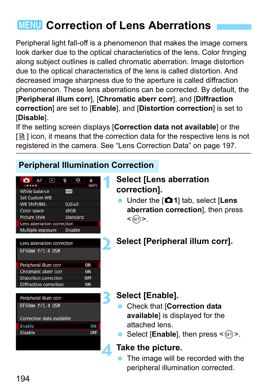 Correction of lens aberrations, P.194, 3correction of lens aberrations | Canon EOS-1D X Mark II DSLR Camera (Body Only) User Manual | Page 194 / 564