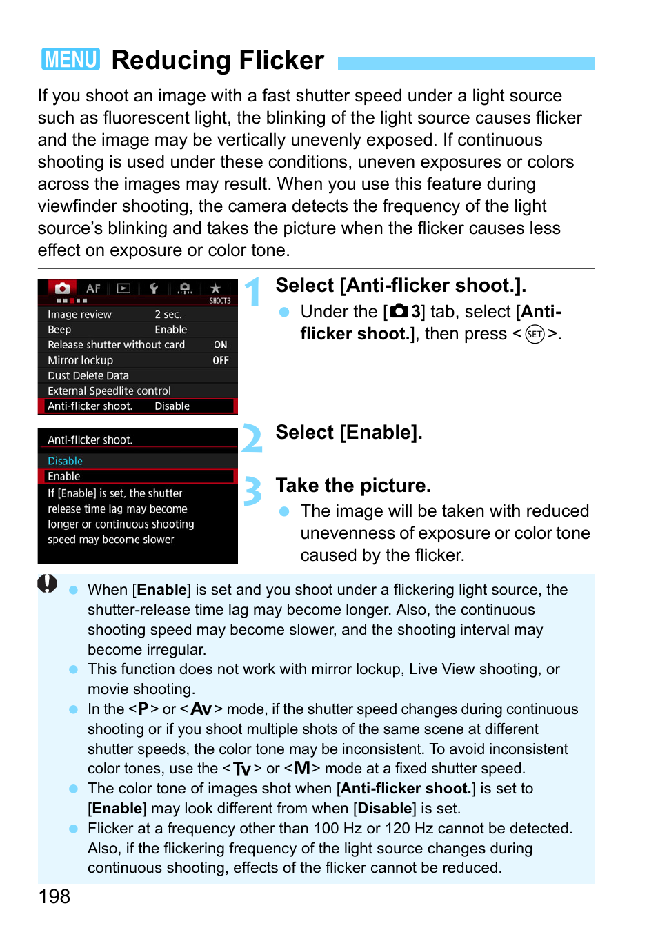 Reducing flicker, 3reducing flicker | Canon EOS-1D X Mark II DSLR Camera (Body Only) User Manual | Page 198 / 564