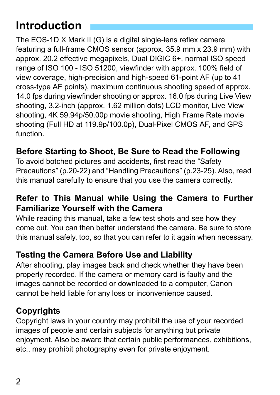 Introduction | Canon EOS-1D X Mark II DSLR Camera (Body Only) User Manual | Page 2 / 564