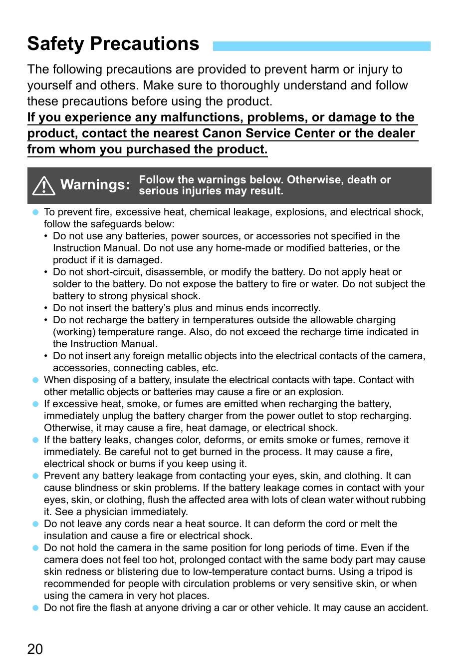 Safety precautions, Autions” (p.20, Warnings | Canon EOS-1D X Mark II DSLR Camera (Body Only) User Manual | Page 20 / 564