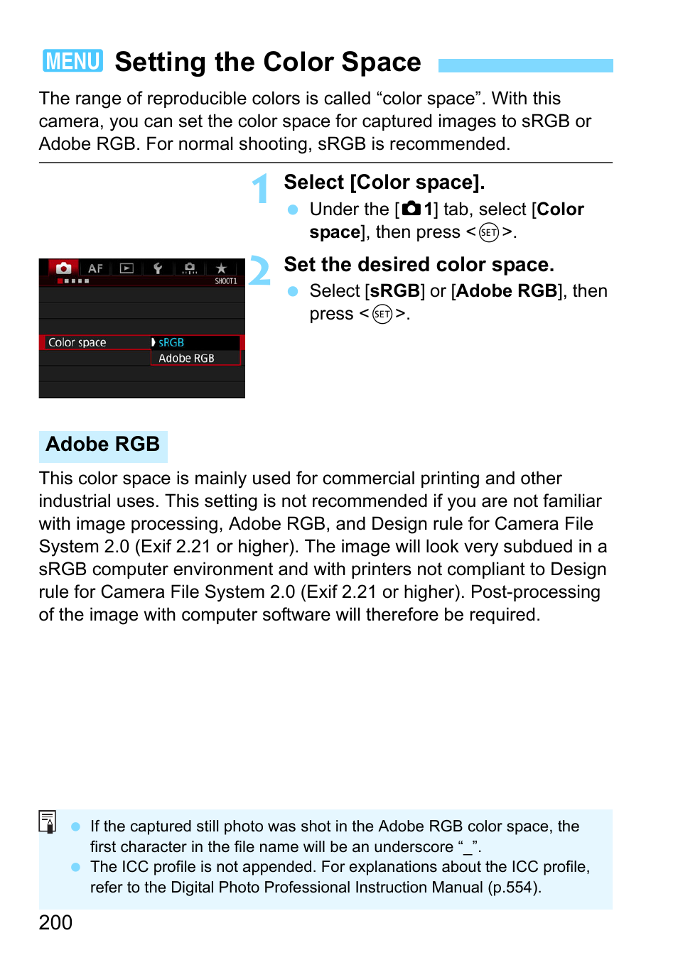 Setting the color space, 3setting the color space | Canon EOS-1D X Mark II DSLR Camera (Body Only) User Manual | Page 200 / 564