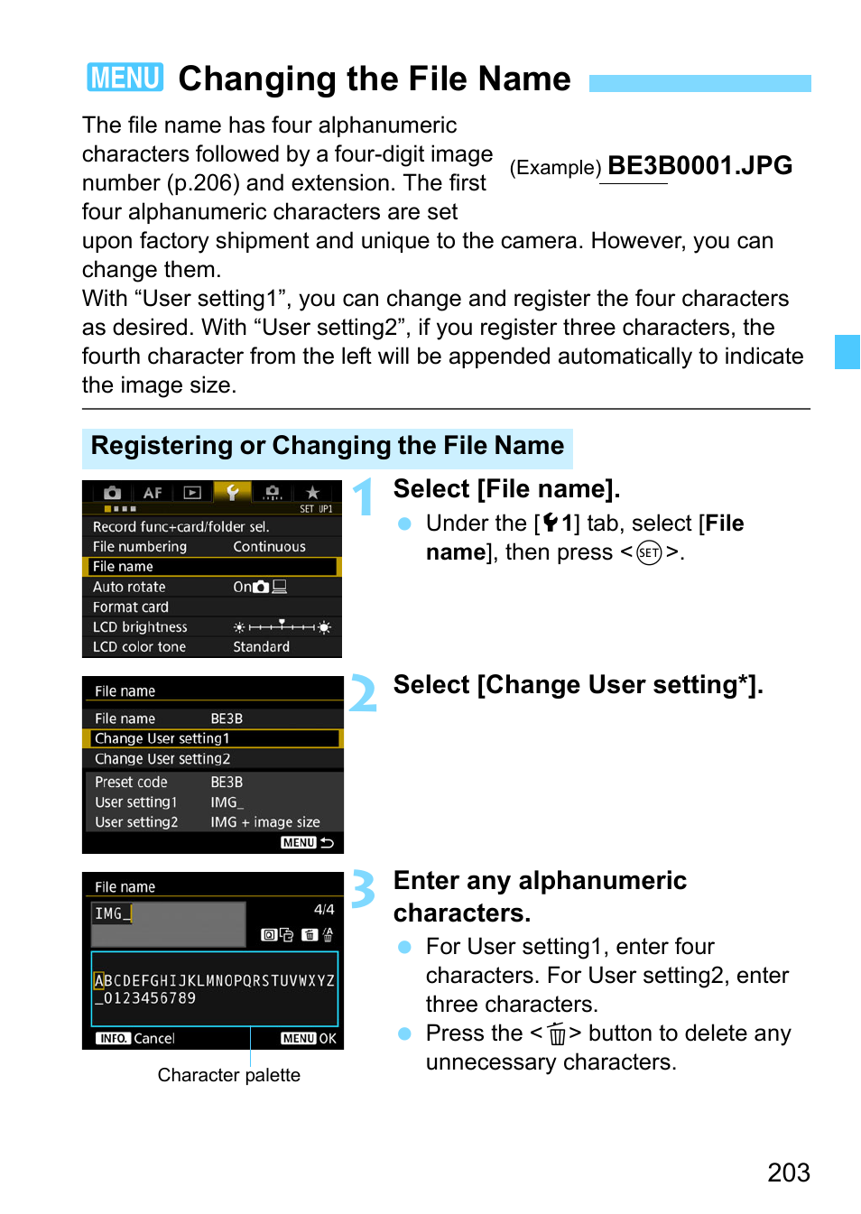 Changing the file name, P.203, 3changing the file name | Canon EOS-1D X Mark II DSLR Camera (Body Only) User Manual | Page 203 / 564