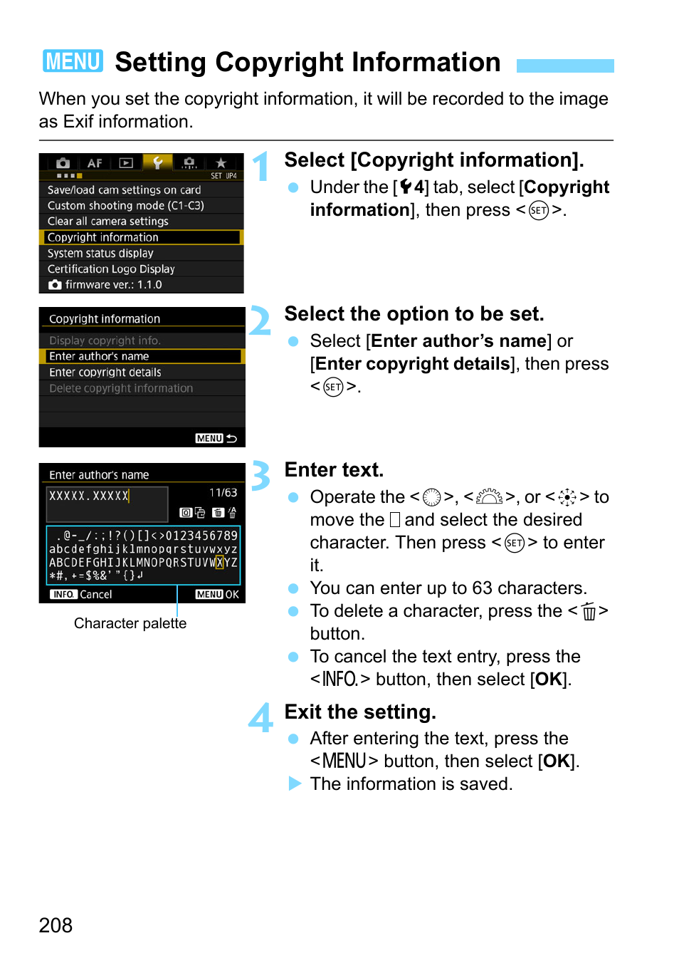 Setting copyright information, 3setting copyright information | Canon EOS-1D X Mark II DSLR Camera (Body Only) User Manual | Page 208 / 564