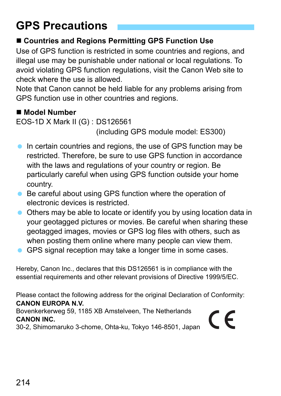 Gps precautions | Canon EOS-1D X Mark II DSLR Camera (Body Only) User Manual | Page 214 / 564