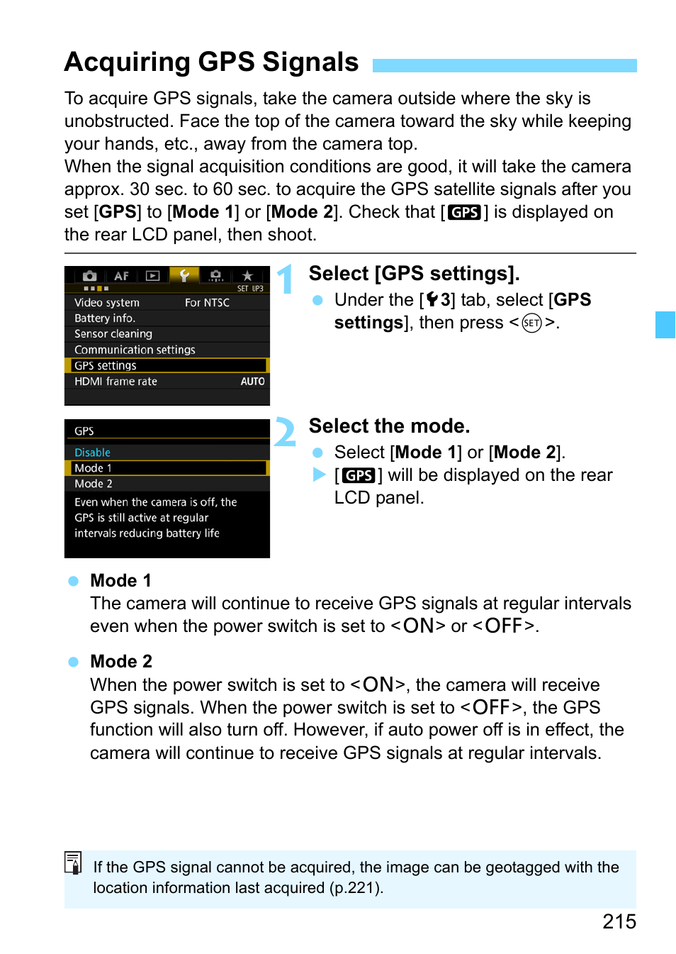 Acquiring gps signals | Canon EOS-1D X Mark II DSLR Camera (Body Only) User Manual | Page 215 / 564