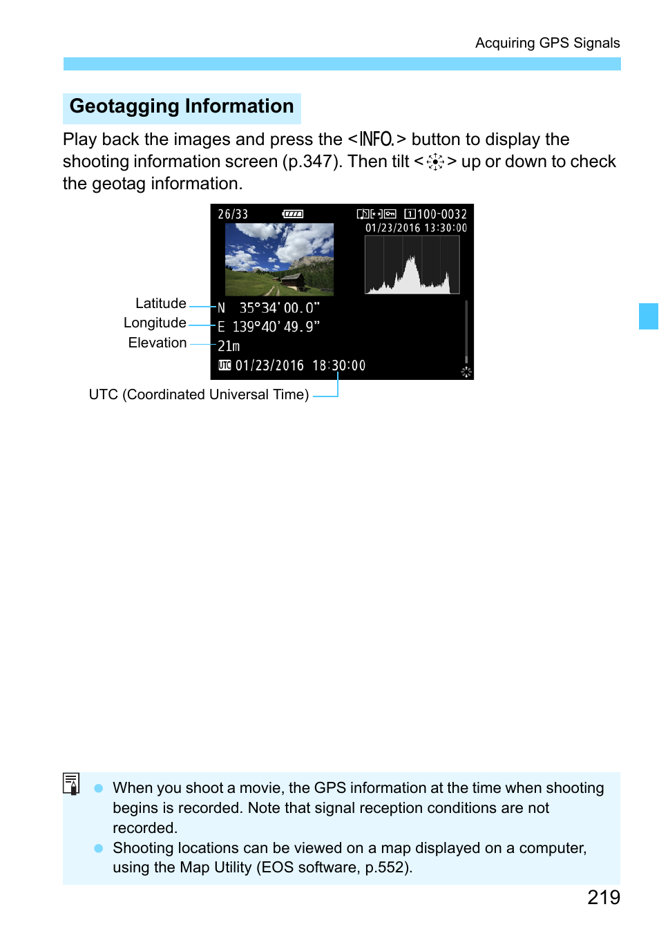 Geotagging information | Canon EOS-1D X Mark II DSLR Camera (Body Only) User Manual | Page 219 / 564