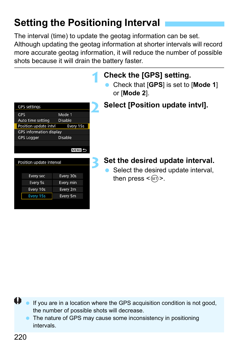 Setting the positioning interval | Canon EOS-1D X Mark II DSLR Camera (Body Only) User Manual | Page 220 / 564