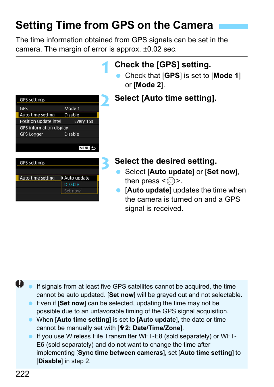 Setting time from gps on the camera | Canon EOS-1D X Mark II DSLR Camera (Body Only) User Manual | Page 222 / 564