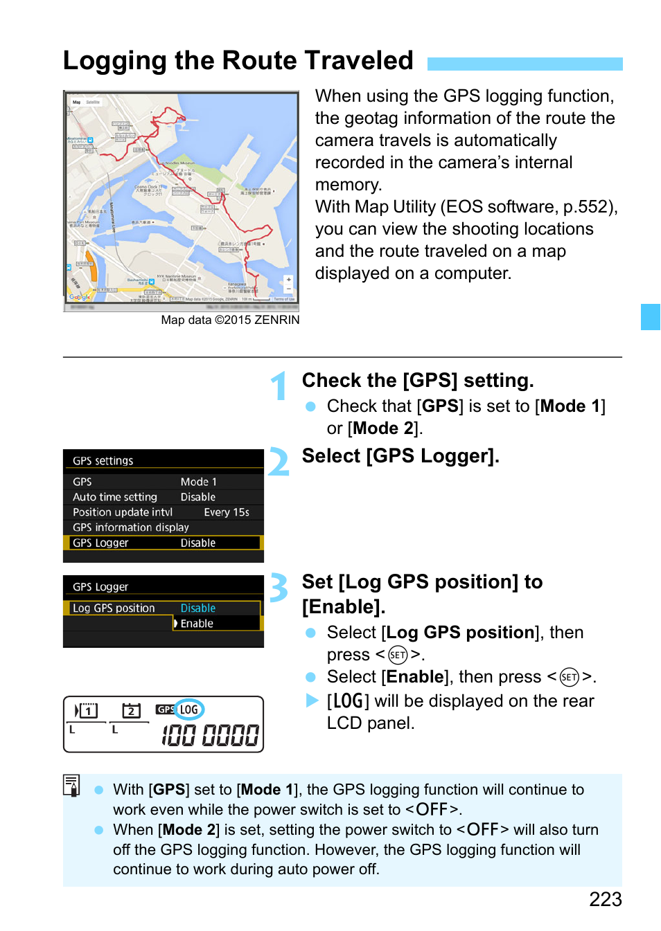 Logging the route traveled | Canon EOS-1D X Mark II DSLR Camera (Body Only) User Manual | Page 223 / 564