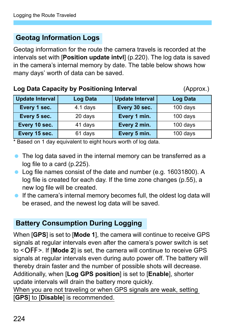 Geotag information logs, Battery consumption during logging | Canon EOS-1D X Mark II DSLR Camera (Body Only) User Manual | Page 224 / 564