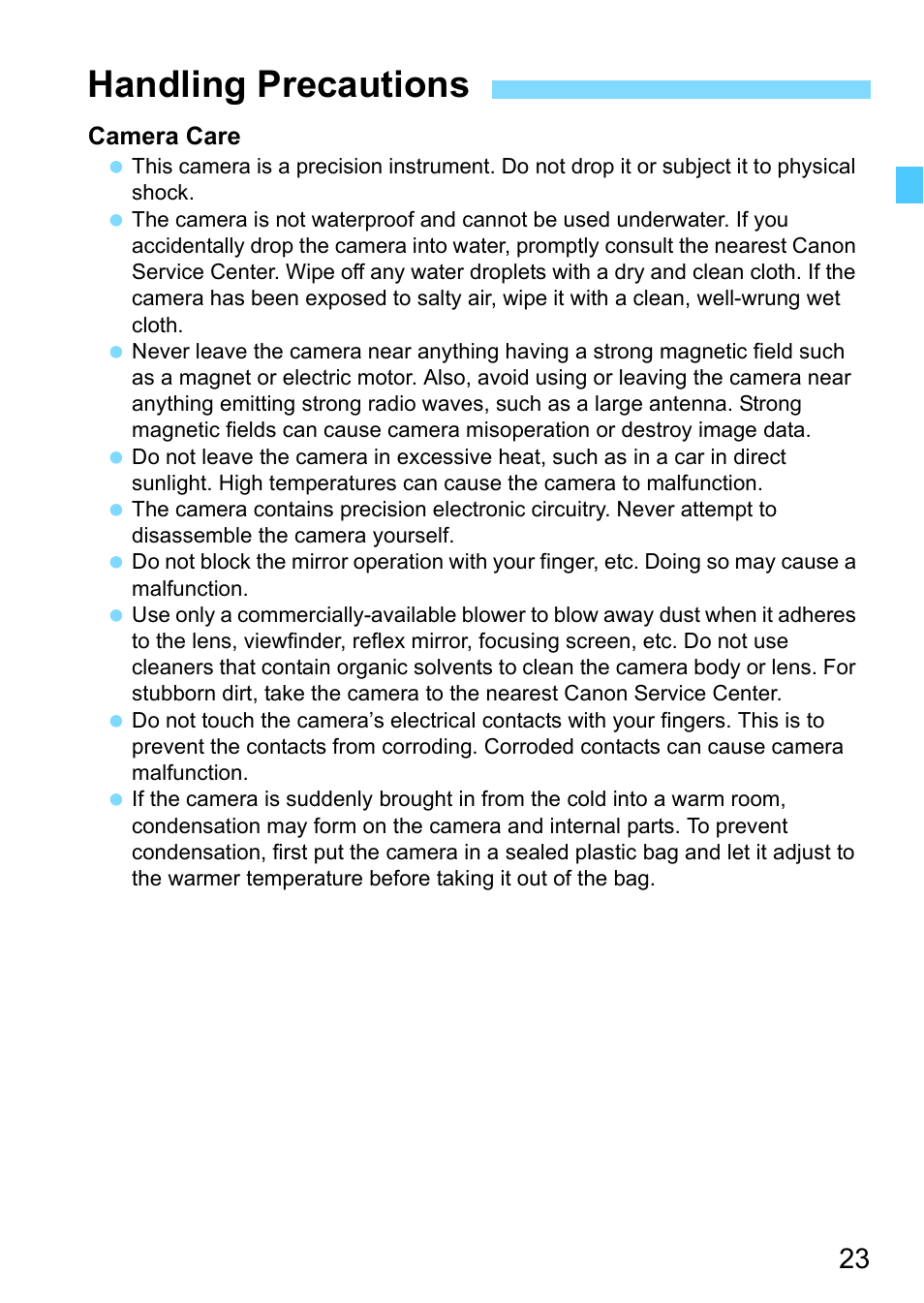 Handling precautions | Canon EOS-1D X Mark II DSLR Camera (Body Only) User Manual | Page 23 / 564