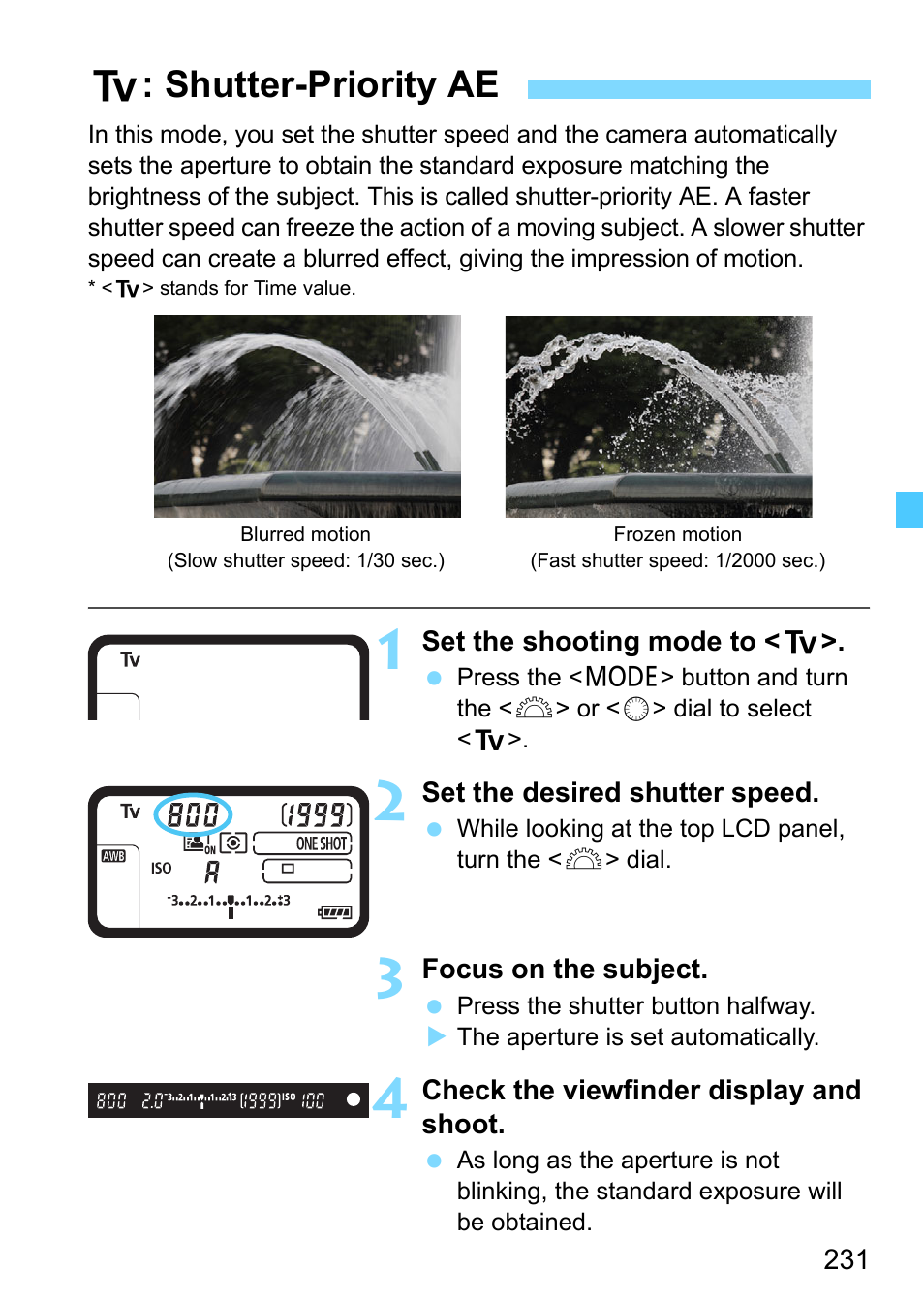 Shutter-priority ae, P.231), S: shutter-priority ae | Canon EOS-1D X Mark II DSLR Camera (Body Only) User Manual | Page 231 / 564