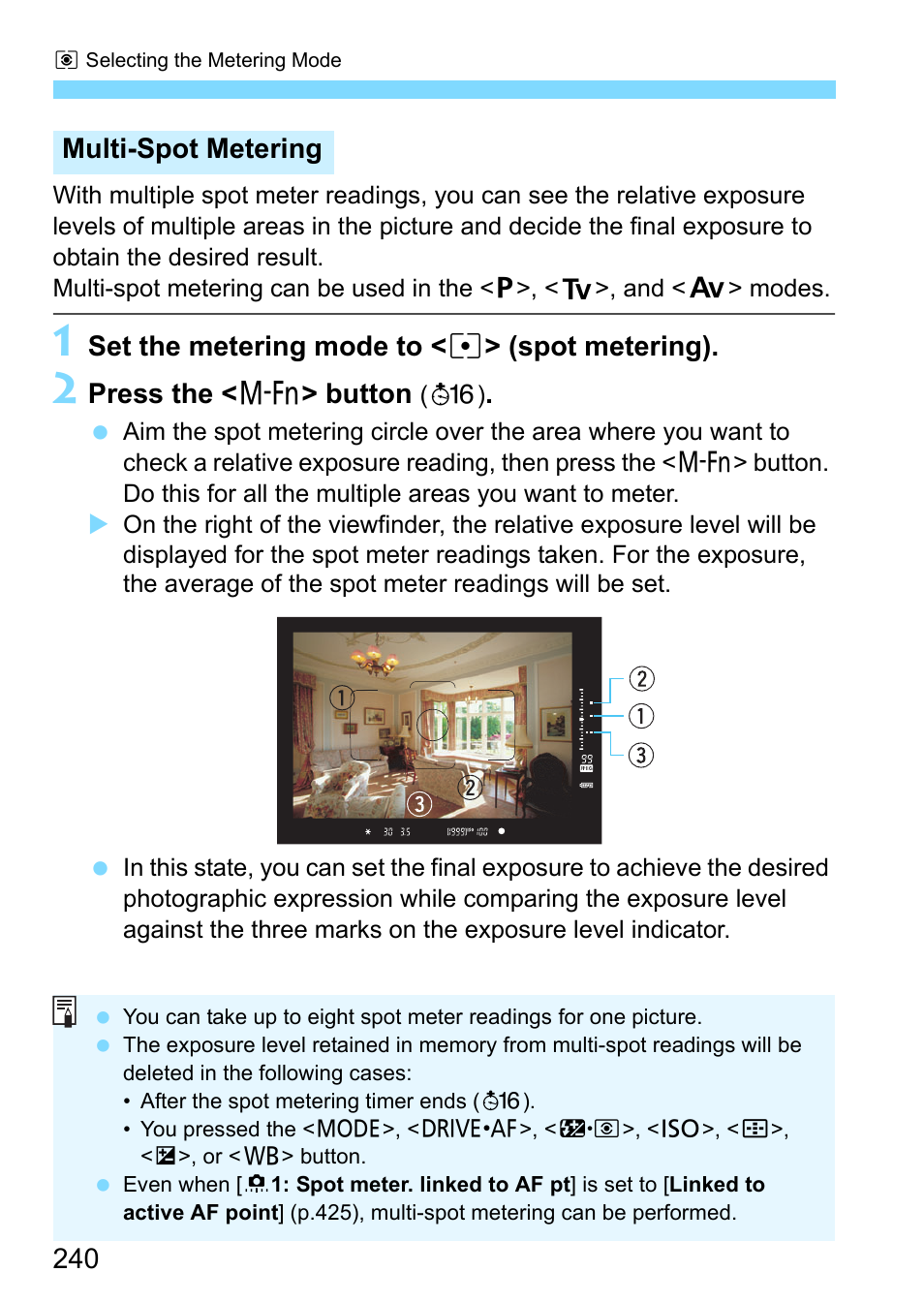 Set the metering mode to < r > (spot metering), Press the < b > button, Multi-spot metering | Canon EOS-1D X Mark II DSLR Camera (Body Only) User Manual | Page 240 / 564