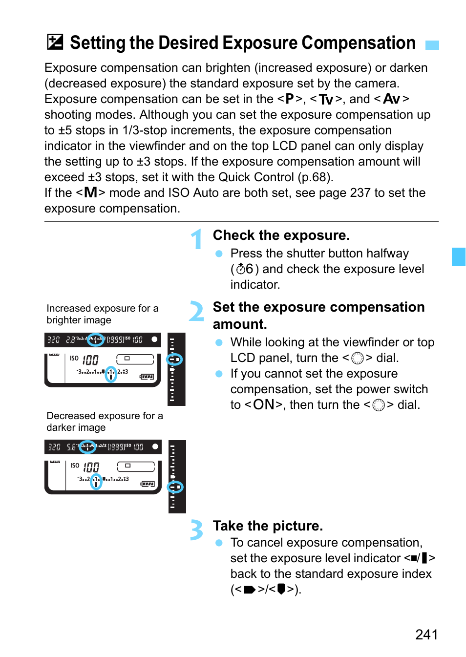 Setting the desired exposure compensation, P.241), N (p.241 | Osetting the desired exposure compensation | Canon EOS-1D X Mark II DSLR Camera (Body Only) User Manual | Page 241 / 564