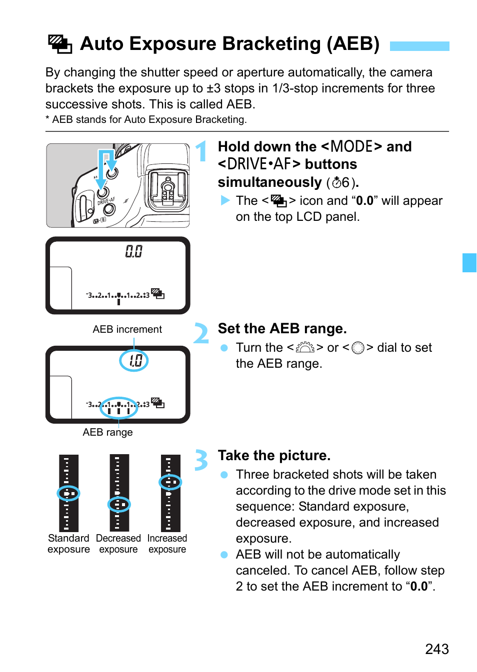 Auto exposure bracketing (aeb), Hauto exposure bracketing (aeb) | Canon EOS-1D X Mark II DSLR Camera (Body Only) User Manual | Page 243 / 564