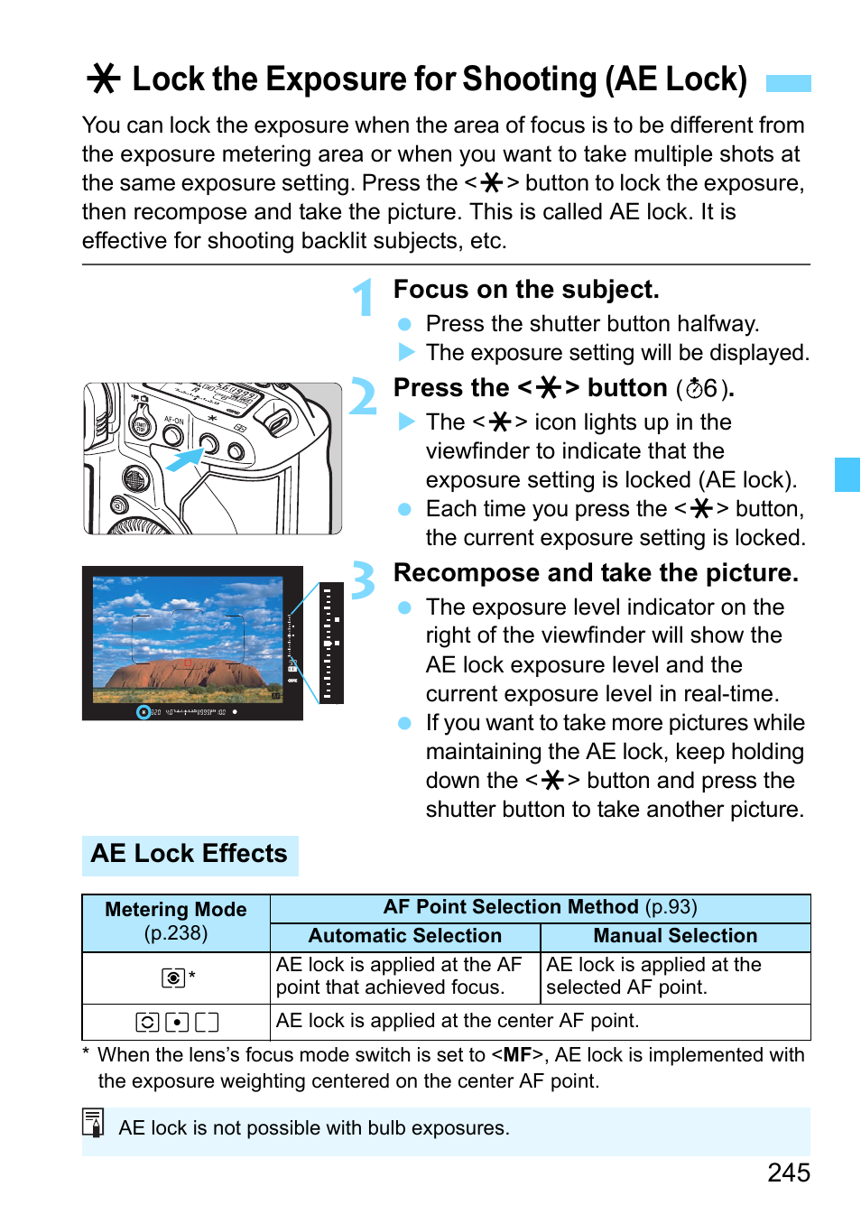 Lock the exposure for shooting (ae lock), Locking the exposure for shooting (ae lock), Alock the exposure for shooting (ae lock) | Canon EOS-1D X Mark II DSLR Camera (Body Only) User Manual | Page 245 / 564