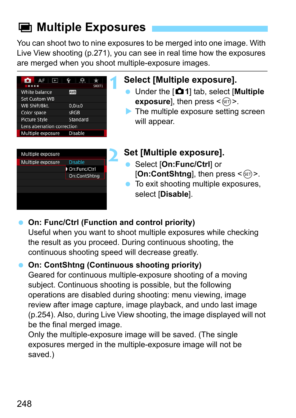 Multiple exposures, Pmultiple exposures | Canon EOS-1D X Mark II DSLR Camera (Body Only) User Manual | Page 248 / 564