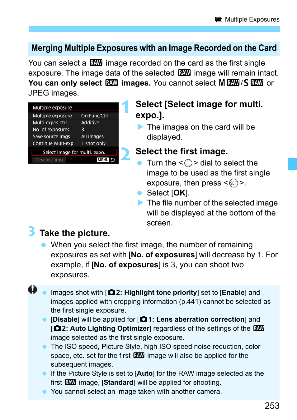 Select [select image for multi. expo, Select the first image, Take the picture | Canon EOS-1D X Mark II DSLR Camera (Body Only) User Manual | Page 253 / 564