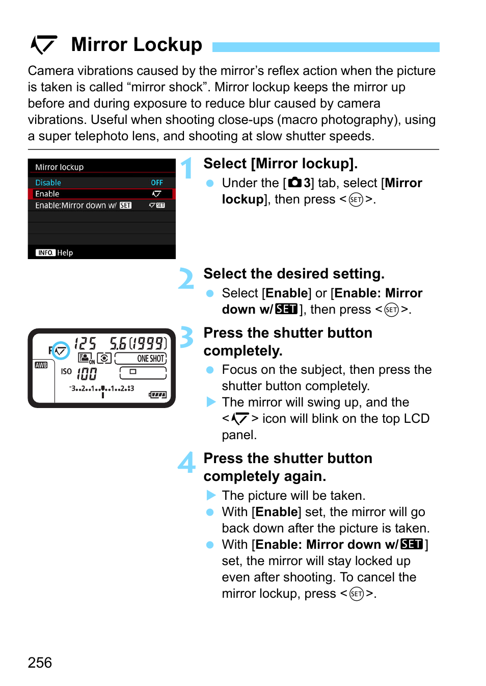 Mirror lockup, Lockup (p.256), or, 2mirror lockup | Canon EOS-1D X Mark II DSLR Camera (Body Only) User Manual | Page 256 / 564