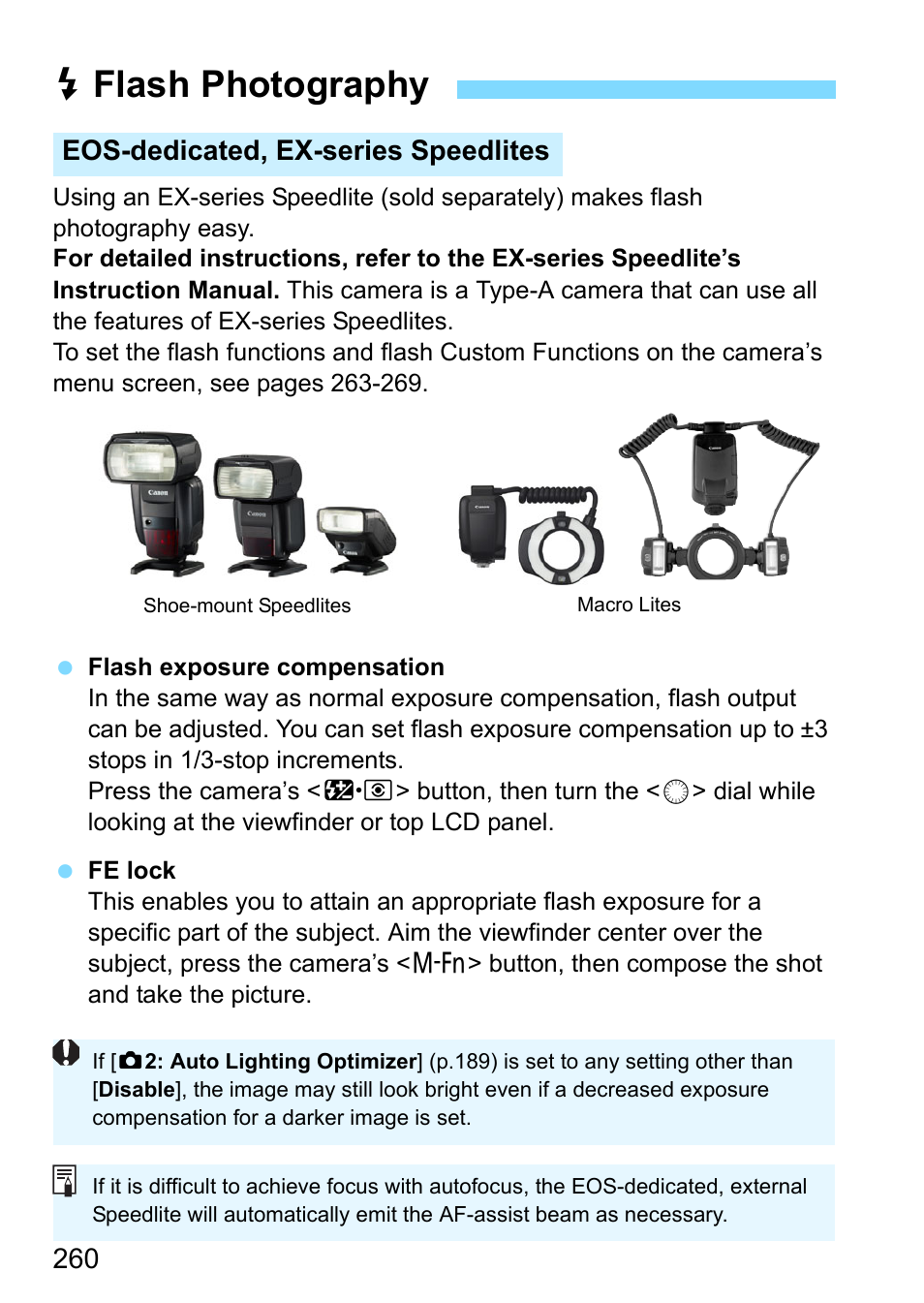 Flash photography, Mpensation (p.260), Dflash photography | Eos-dedicated, ex-series speedlites | Canon EOS-1D X Mark II DSLR Camera (Body Only) User Manual | Page 260 / 564