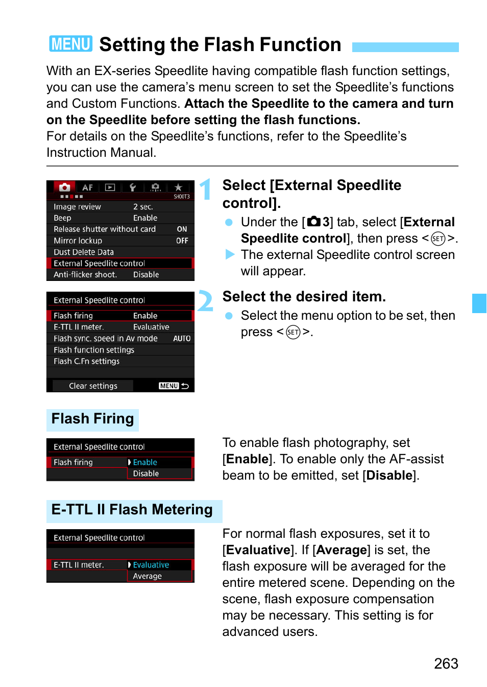 Setting the flash function, 3setting the flash function | Canon EOS-1D X Mark II DSLR Camera (Body Only) User Manual | Page 263 / 564