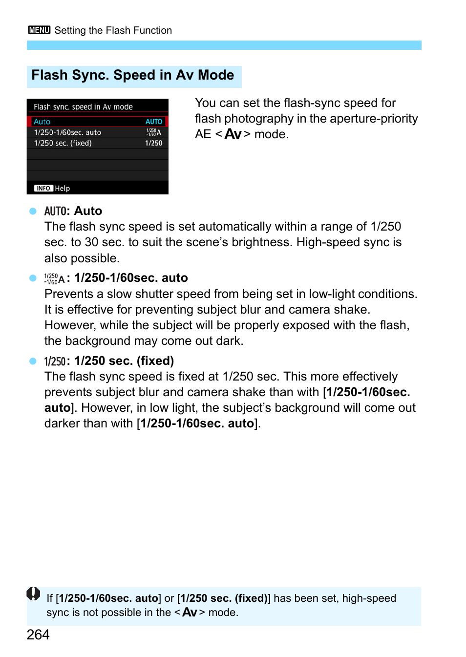 Flash sync. speed in av mode | Canon EOS-1D X Mark II DSLR Camera (Body Only) User Manual | Page 264 / 564