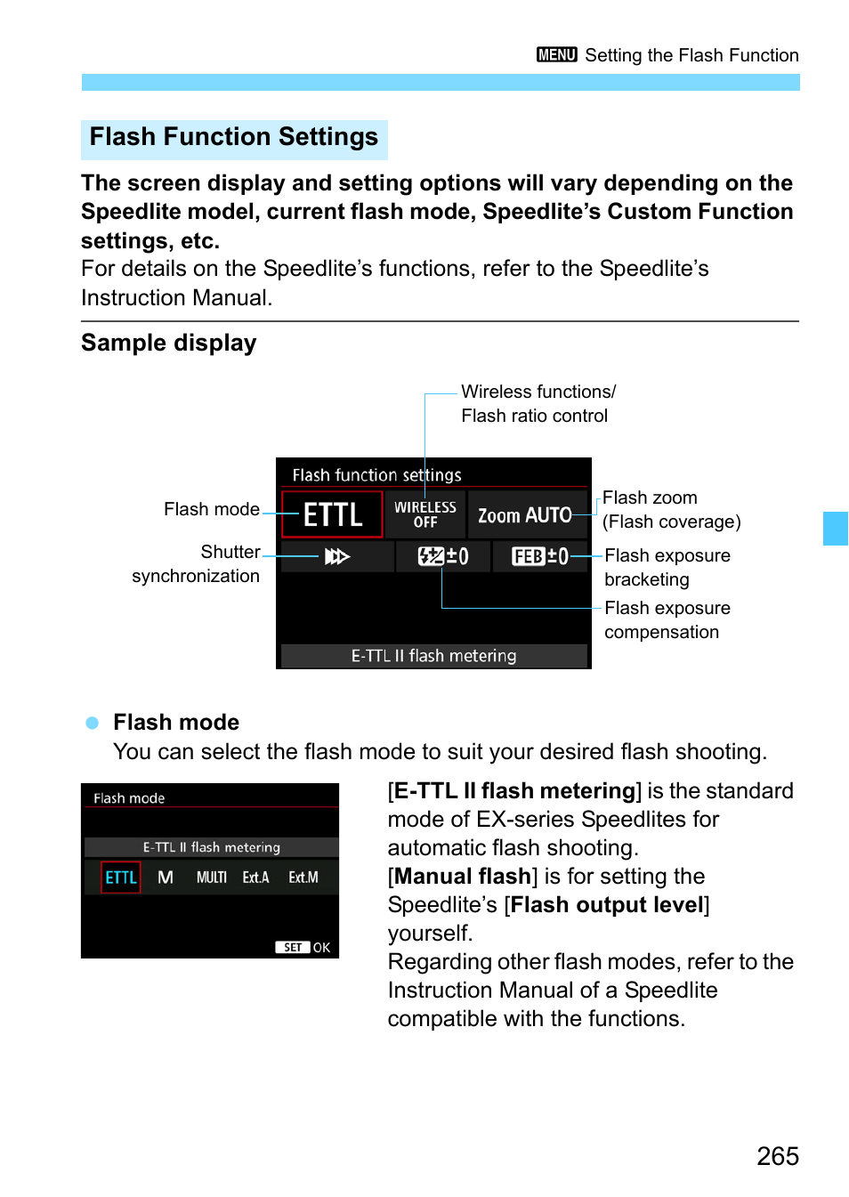 Flash function settings | Canon EOS-1D X Mark II DSLR Camera (Body Only) User Manual | Page 265 / 564