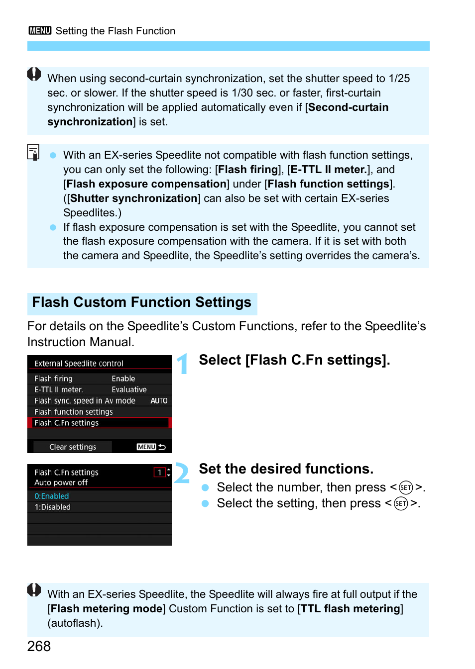 Select [flash c.fn settings, Set the desired functions, Flash custom function settings | Canon EOS-1D X Mark II DSLR Camera (Body Only) User Manual | Page 268 / 564